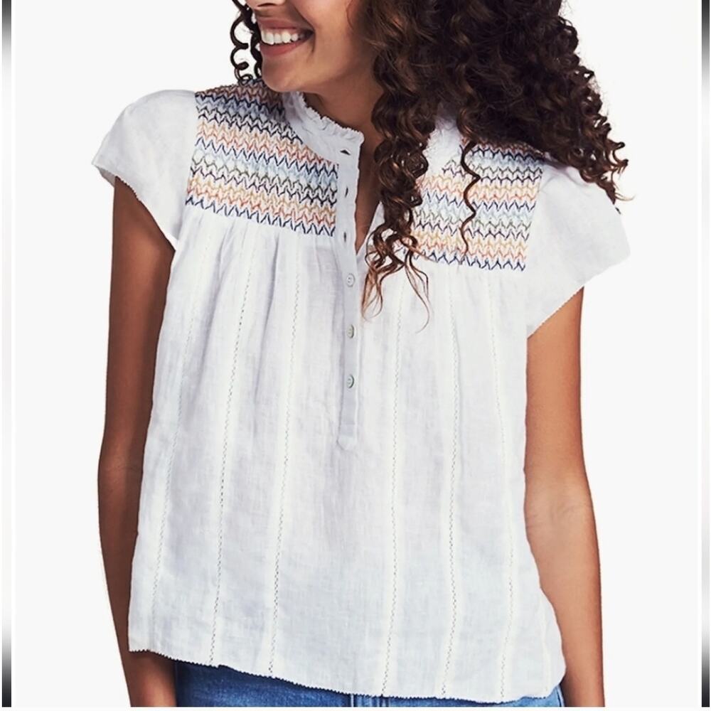 Faherty Women Honokaia Linen Embroidered Flutter Sleeve Top M Boho Peasant - Picture 2 of 11